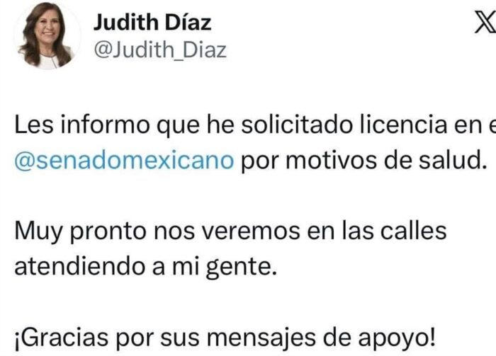 La senadora Judith Díaz Delgado, representante de Morena, solicita licencia temporal por temas de salud. Conoce los detalles.