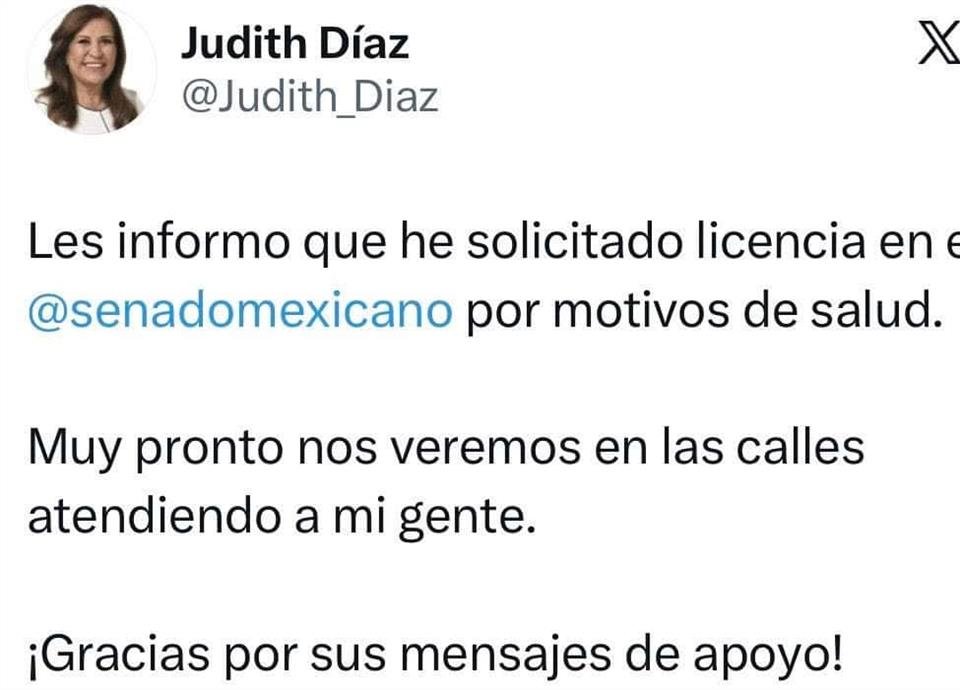 La senadora Judith Díaz Delgado, representante de Morena, solicita licencia temporal por temas de salud. Conoce los detalles.
