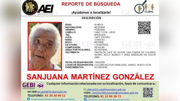 Autoridades buscan a una mujer de la tercera edad que desapareció en Juárez, última vez vista el 13 de febrero.