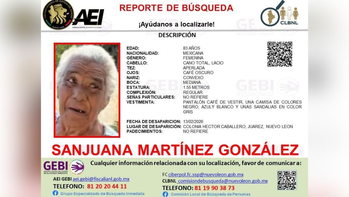 Autoridades buscan a una mujer de la tercera edad que desapareció en Juárez, última vez vista el 13 de febrero.