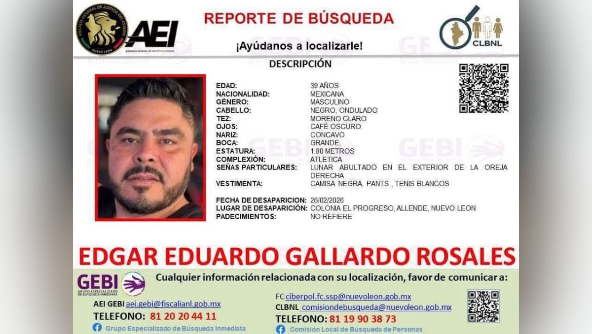 La familia de un hombre desaparecido en Allende, Nuevo León, solicita asistencia para su localización urgente.