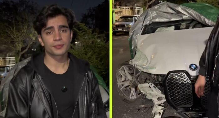 El influencer Aaron Mercury muestra los daños en su camioneta BMW ocasionados por un accidente en la carretera.