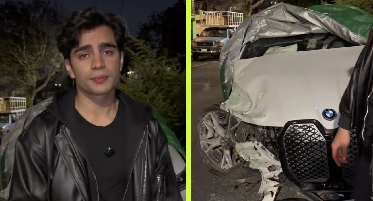 El influencer Aaron Mercury muestra los daños en su camioneta BMW ocasionados por un accidente en la carretera.